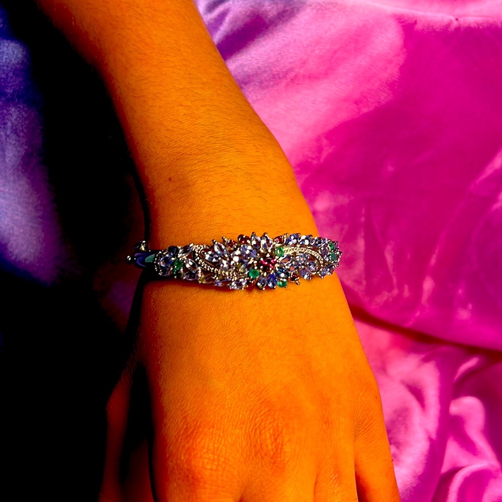 Unheated Marquise Tanzanite Emerald Rhodolite Garnet 925 Sterling Silver Bangle